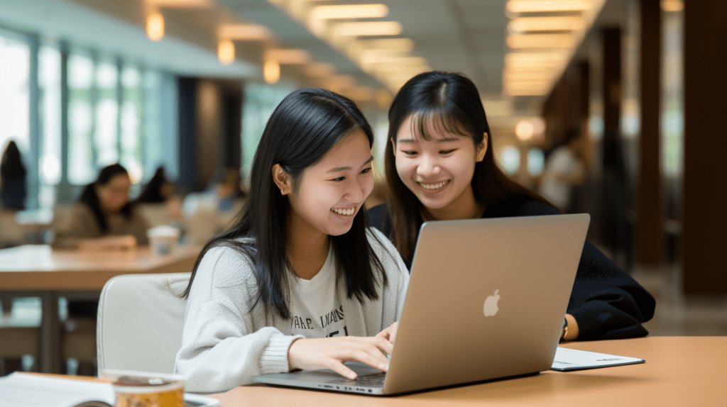 Two people learning together at a laptop